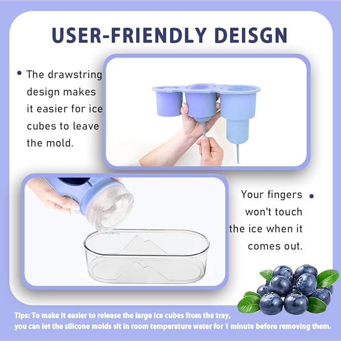 Silicone Ice Mold for Stanley Cup 30 40oz, Tumbler Ice Maker | Easy Fill and Release Without Touching Ice, Ice Cube Tray with Clear Lid and Bin for Freezer, Whiskey, Cocktail (Blue)