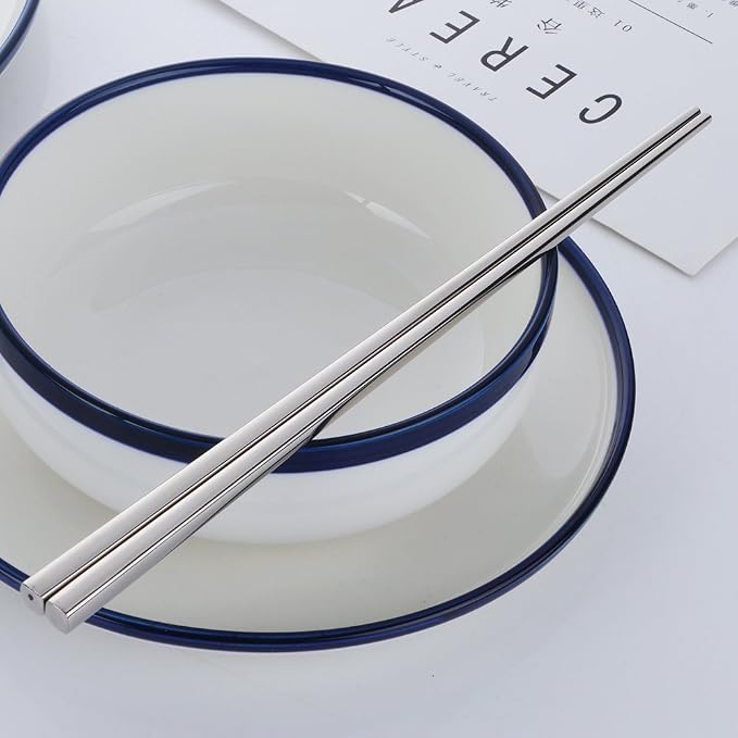 Buyer Star 5-Pair Silver Stainless Steel Chopsticks - Reusable Chinese Square Chopsticks