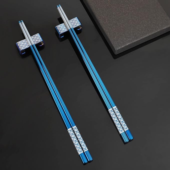 Reusable Titanium Plated Stainless Steel Chopsticks with Holder, Dishwasher Safe Lightweight Japanese Style Chopsticks Gift Set (Blue)