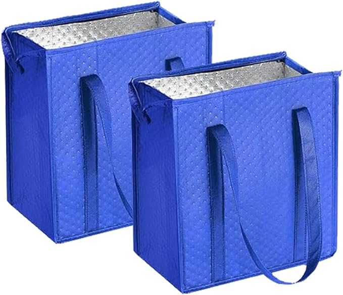 2-Pack 18L Blue Insulated Grocery Bags with Zipper | Reusable 3-Layer Insulated Cooler Bags, Foldable for Shopping, Camping & Beach Trips