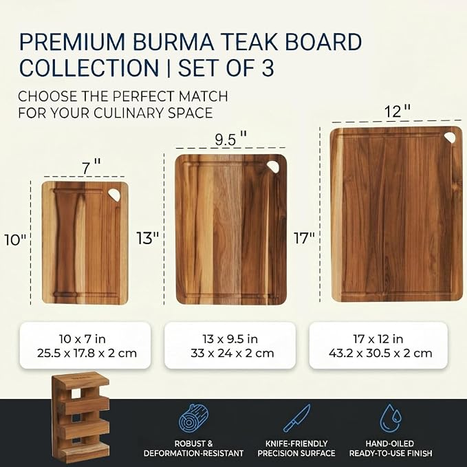 Extra Large Teak Wood Cutting Board for Kitchen, Knife-Friendly Chopping Boards with Juice Grooves & Storage Stand, Heavy Duty Wooden Boards for Meat, Fruit & Cheese, Ideal Housewarming Gift
