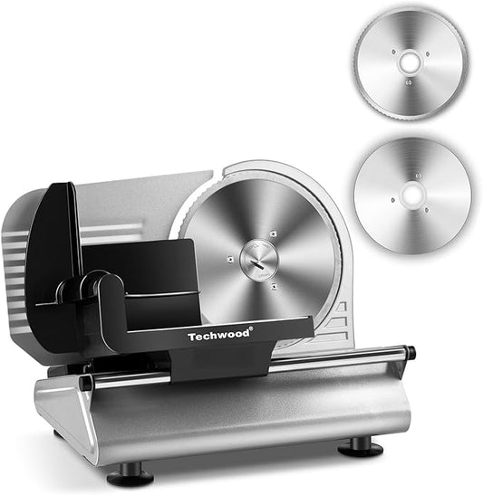 Meat Slicer, Techwood 150W Electric Slicer for Home Use with 2 Removable 7.5" Stainless Steel Blade, Deli Cheese Fruit Vegetable Bread Cutter with Adjustable Thickness, Easy to Clean, Silver