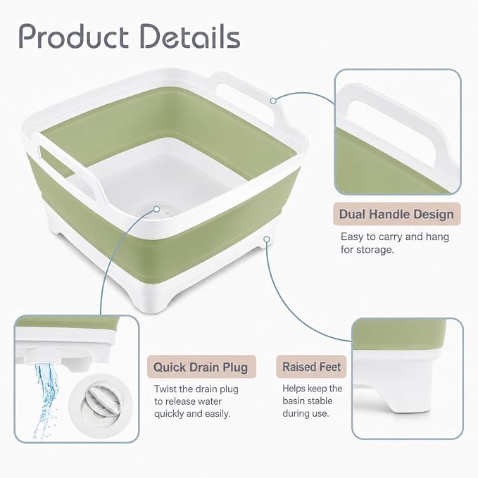 2.4 Gal(9L) Collapsible Dish Basin with Drain Plug, Space Saving Outdoor Multiuse Foldable Sink Tub, Dishpan, Kitchen Storage Tray for Camping, Vegetable Washing, RV (Green)