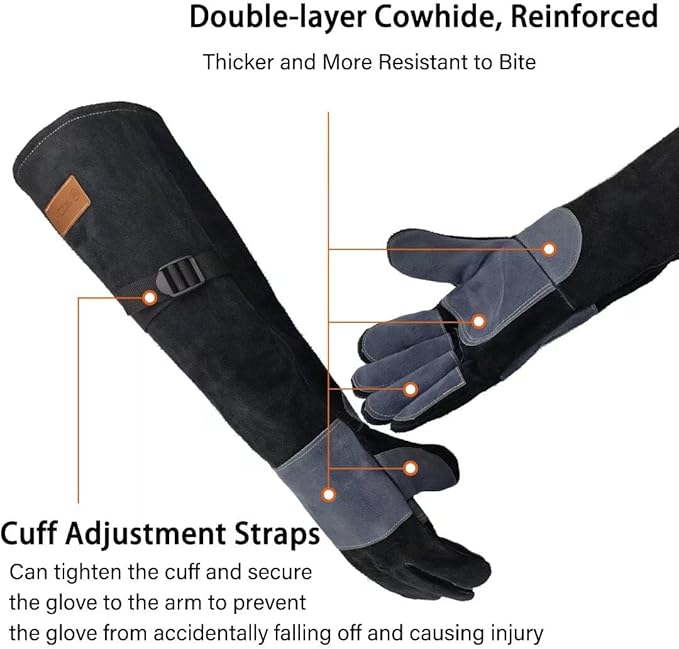 WZQH 23.6 In Gloves for Animal Handling,Welding,Bite Proof for Cat Dog.L | For Grabbing Reptile Bird Falcon Livestock Snake,Grooming,Trips to Vet,Fireplace.Puncture & Scratch Resistant,Leather,Black