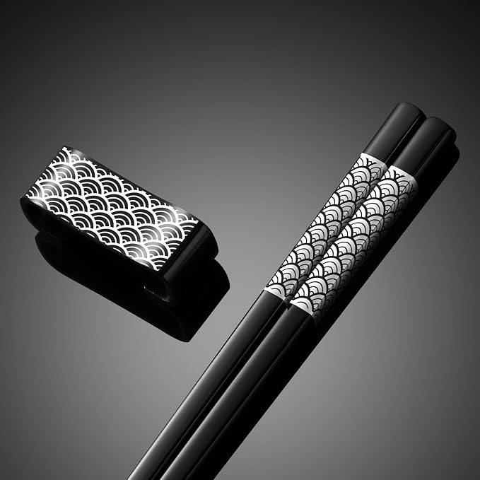 Metal Chopsticks Reusable 2 Pairs Titanium Plated Stainless Steel18/8 Chopsticks with Holder, Dishwasher Safe Lightweight Japanese Style Chopsticks Gift Set(Black)