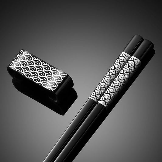Metal Chopsticks Reusable 2 Pairs Titanium Plated Stainless Steel18/8 Chopsticks with Holder, Dishwasher Safe Lightweight Japanese Style Chopsticks Gift Set(Black)