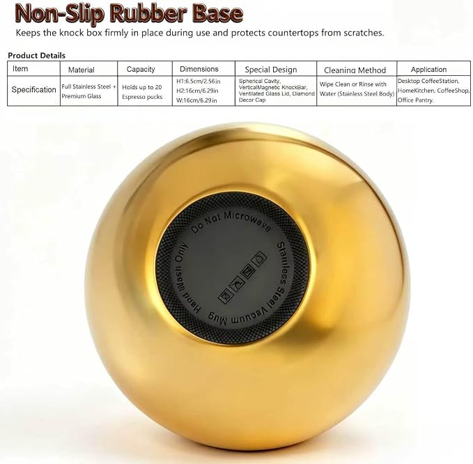 Upgraded Stainless Steel Espresso Knock Box Coffee Knock Box with Glass Lid and Magnetic Removable Knock Bar, Holds 20Double Espresso pucks & Coffee Grounds (GOLD)