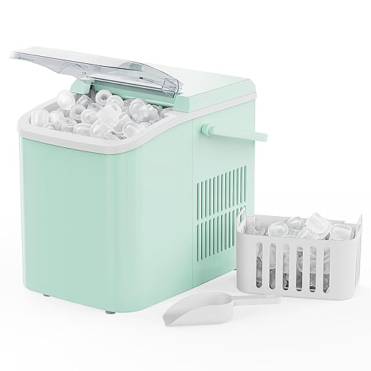 NEWBULIG Ice Makers Countertop with Handle, Portable Ice Machine, 9 Bullet Cubes in 6 Mins, 26lbs in 24Hrs, Auto-Cleaning, with Basket and Scoop, for Home, Kitchen, RV, Camping,Green
