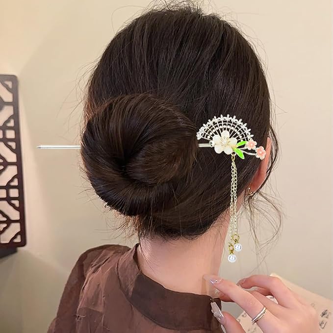 inSowni 8 Pieces Retro Vintage Asian Japanese Chinese Hanfu Rhinestone Gold Metal Flower Hair Sticks with Flower Pearl Crystal Fox Butterfly Hair Pins Forks Chopsticks Bun Updo Holders for Women Girls