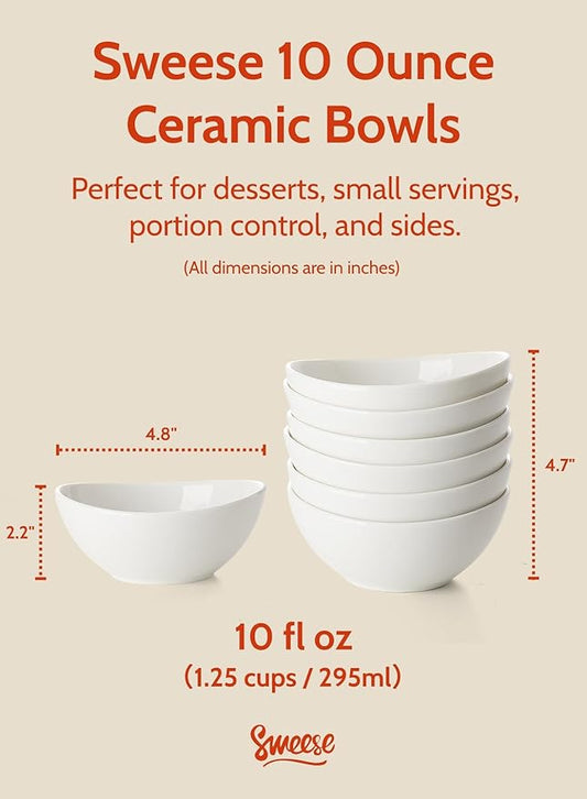 Sweese 10 oz Small White Porcelain Bowls - Set of 6 Dessert, Ice Cream, Snack & Yogurt Bowls, Ceramic Serving Bowls for Rice or Soup
