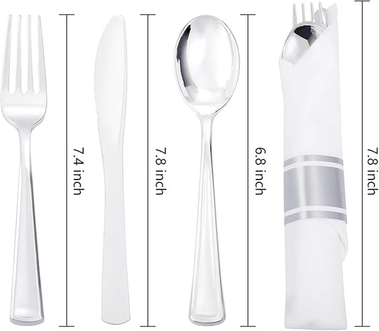 Liacere 100 Pack Silver Plastic Silverware-Pre Wrapped cutlery and Napkin-Pre Rolled Silverware Disposable 100 Forks, 100 Knives 100 Spoons, 100 Napkins Plastic Utensils＆Father's Day＆Independence Day