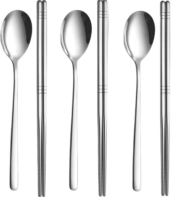 Chopsticks and Spoon Set, 3 Pairs Stainless Steel Metal Chopsticks Spoons, 3 Sets Korean Long Handle Spoons and Chop Sticks Reusable for Home, Kitchen or Restaurant