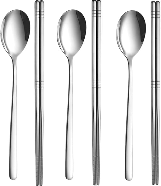 Chopsticks and Spoon Set, 3 Pairs Stainless Steel Metal Chopsticks Spoons, 3 Sets Korean Long Handle Spoons and Chop Sticks Reusable for Home, Kitchen or Restaurant