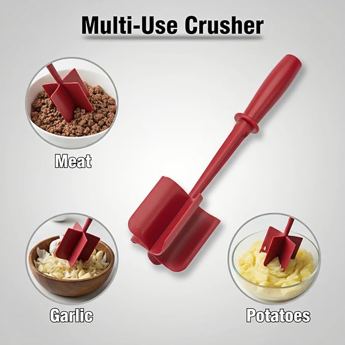 Meat Chopper, Hamburger Grinder, Premium Heat Resistant Masher for Ground Beef, Burger Grinder, Potato Masher, Nylon Potato Mix Tool, Safe, Non-Stick, Mix and Chop Kitchen Tool - Red