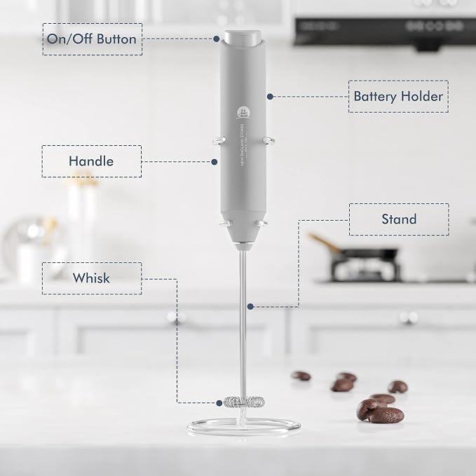 Powerful Milk Frother Handheld Foam Maker, Mini Whisk Drink Mixer for Coffee, Cappuccino, Latte, Matcha, Hot Chocolate, With Stand, Grey