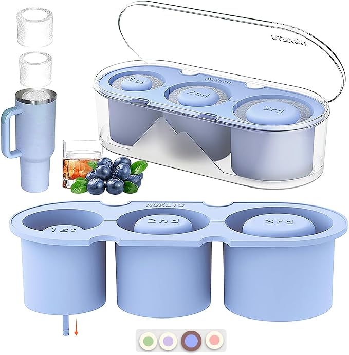 Silicone Ice Mold for Stanley Cup 30 40oz, Tumbler Ice Maker | Easy Fill and Release Without Touching Ice, Ice Cube Tray with Clear Lid and Bin for Freezer, Whiskey, Cocktail (Blue)