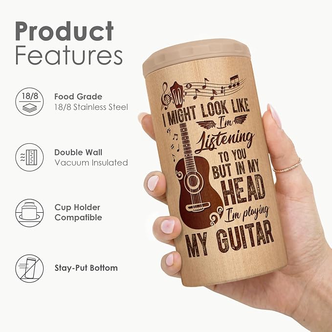 Guitar Can Cooler 12oz - Travel Mug Cup - Stainless Steel Insulated for Men Women - Tumbler Cans Koozie, Beach Gift for Summer Vacation, Christmas, Birthday