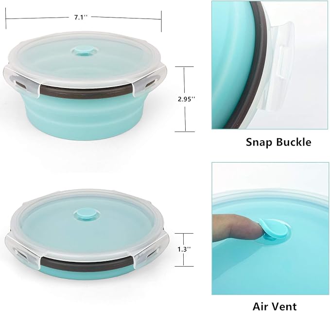 CCyanzi 1200ml Collapsible Camping Bowl Silicone Food Storage Container with Lid and Foldable Stainless Steel Fork Spoon, for Picnic, Travel, Camping, RV, Fridge and Microwave Bowls