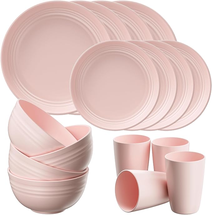 Quatish 16 Piece Plates and Bowls Sets for 4, Unbreakable Dinnerware Sets, Plastic Dish Set for Camping, Dishwasher Microwave Safe, Outdoor Kitchen and Apartment Dorm Dinning RV Essentials, Pink