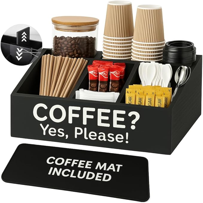 Modern Chic Coffee Bar Organizer + Coffee Mat - Countertop Coffee Station with Removable Drawers - Black