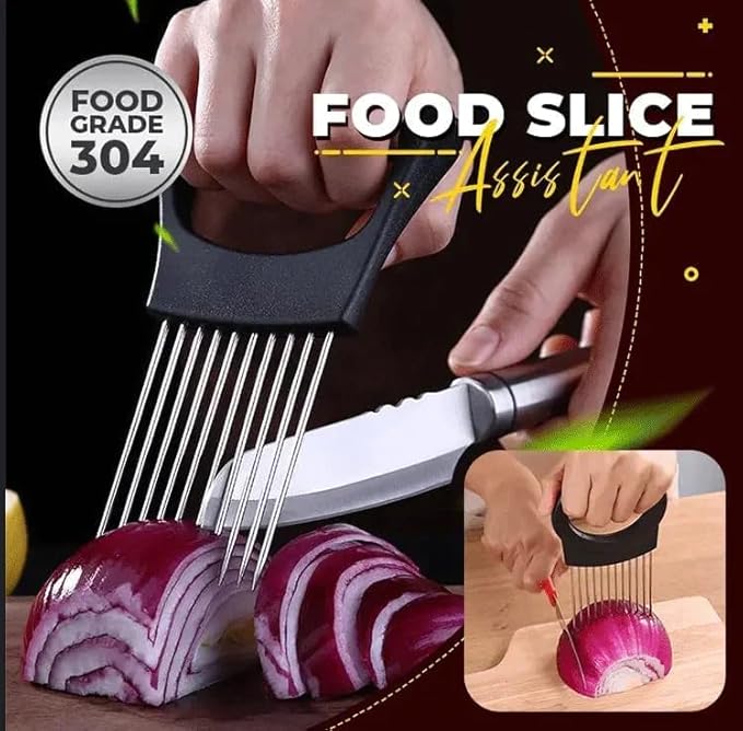 Onion Slice Holder, 2024 New Stainless Steel Holder for Slicing, Chopper Assistant Tool, Cutter for Meat, Onion, Potato, Tomato - Kitchen Gadgets (Black, 1 Pack)