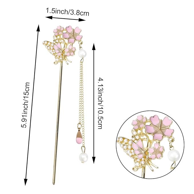 6Pcs Chinese Hair Sticks Set Pink Chinese Hair Sticks with Pearl, Butterfly & Flower Design, Japanese Hair Pin, Traditional Asian Hairpins for Bun Updo