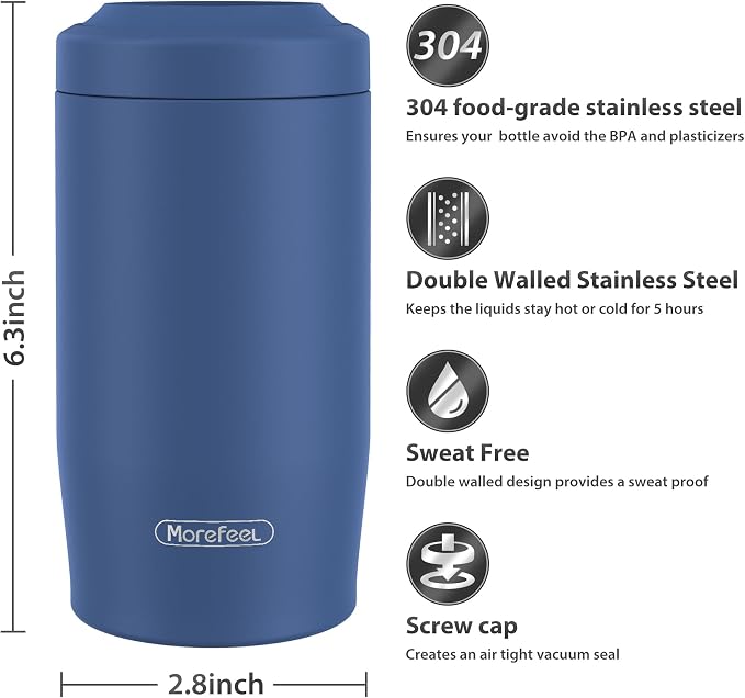 Morefeel 4-in-1 Insulated Can Cooler for 12 oz Cans & Bottles | 304 Stainless Steel Can Holder Fits 12 Oz Slim Cans, Standard Cans, Beer Bottles & Works as A Open Cup; Dishwasher Safe
