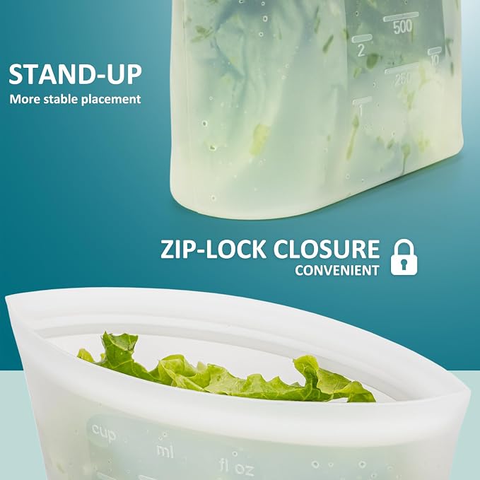 Small Reusable Silicone Food Storage Bags 4 Pack, 33fl oz/1000ml, 100% Silicone Stand-Up Wide-Open Zip-Lock Reusable Bags for Small Items, Microwave Freezer Oven Dishwasher Safe, Translucent