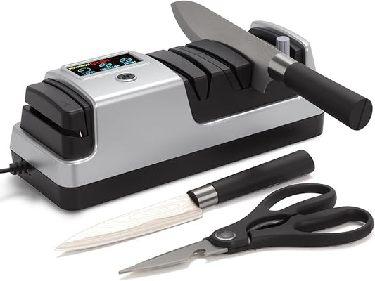 Silver Professional 3-Stage Electric Knife Sharpener for Kitchen Knives, LCD Screen, 100% Diamond Abrasive, Adjustable Rotational Speed, Precision Angle Guides for All Kitchen Knives