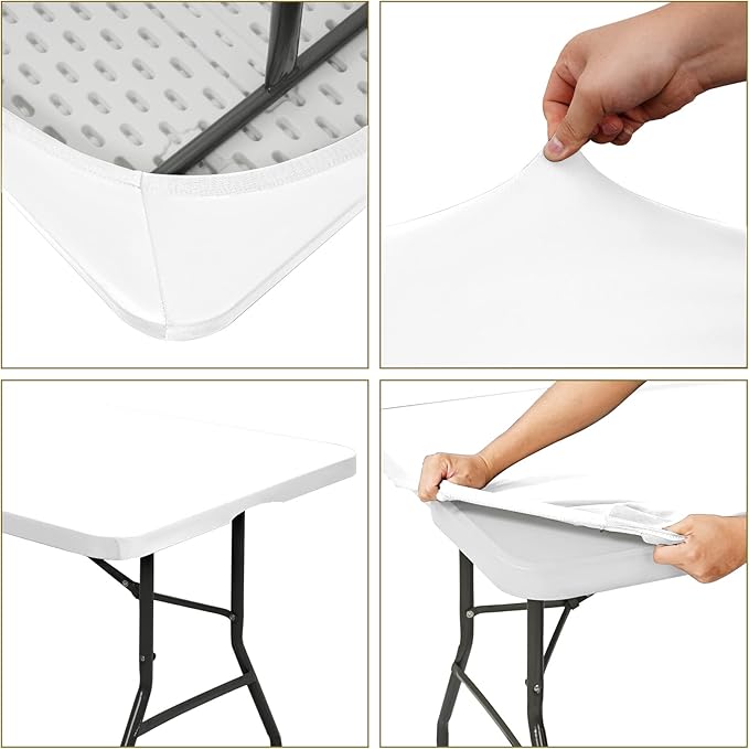 10 Pack Stretch Fabric Table Top Cap Cover, fits 6' Tables, Spandex Table Covers Washable Elastic Rectangle Tablecloth Protector for Indoor Outdoor Party Picnic Wedding, White, 30" W x 72" L