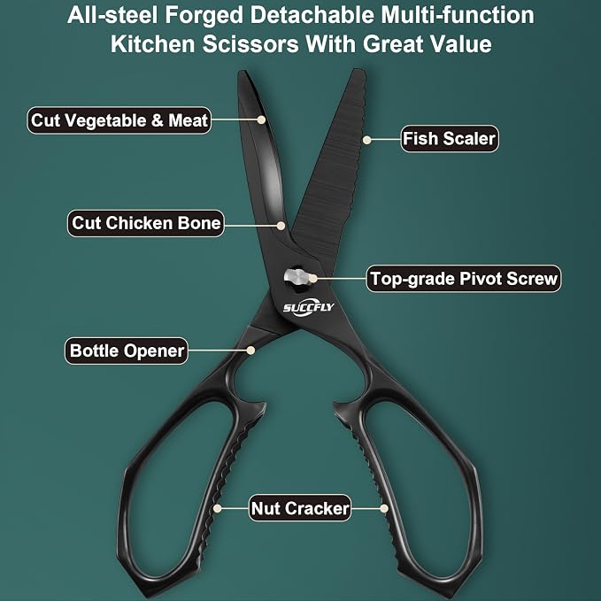 SUCCFLY Heavy Duty Kitchen Scissors for Food Titanium Plated Black 8.8 Inch | Premium Kitchen Shears, Ultra Sharp 5CR15 Detachable Blade, All-Steel & Anti-Slip Poultry Shears, All Purpose Scissors