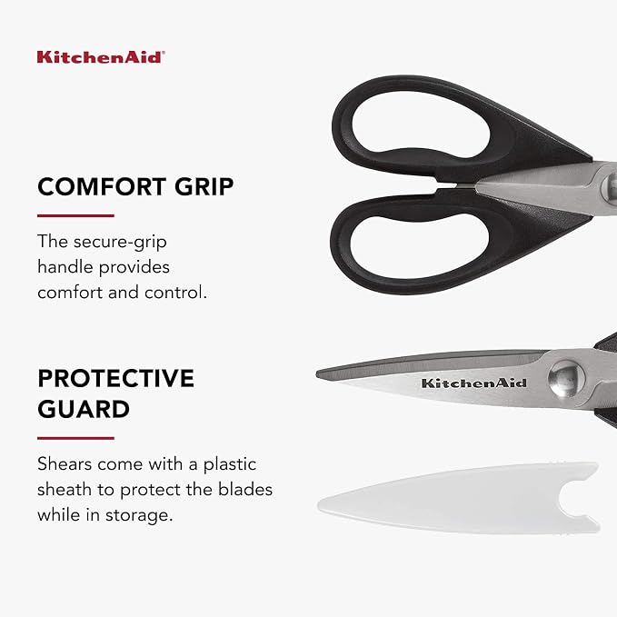 KitchenAid All Purpose Kitchen Shears with Protective Sheath Durable Stainless Steel Scissors, Dishwasher Safe, Soft Grip Comfort Handle, 8.72 Inch, Black, Pack of 12