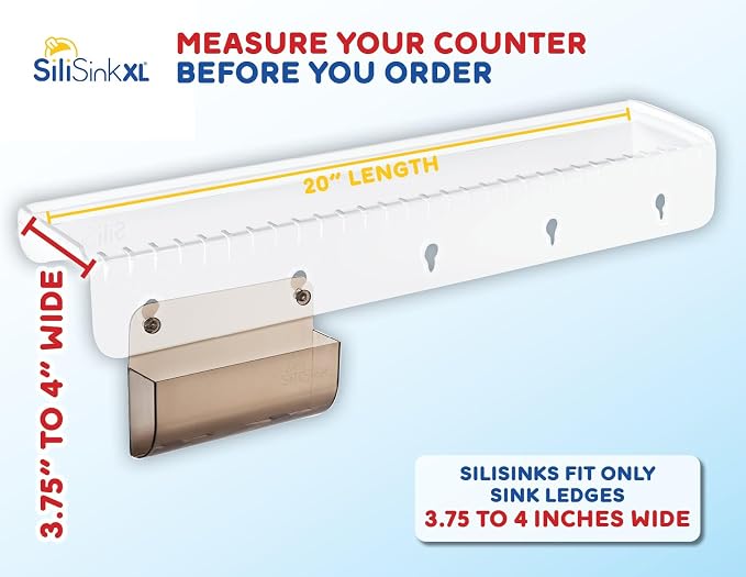 SiliProducts SiliSink XL Silicone Edge Guard for Kitchen Sink - Fits 3.75” - 4” Wide - The Original Silicone Sink Edge Protector with Sponge Caddy - Splash Guard, 20” Clear Diamond