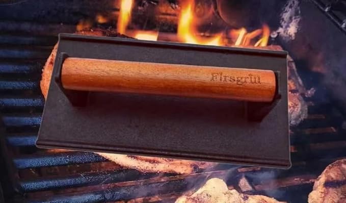 Burger Press 7.08" Round & 8.3”X4.3”Rectangle Heavy-Duty Cast Iron Smash Meat Steak with Wood Handle for Blackstone Camp Chef Pitboss Weber Treager Griddle (Round & Rectangle w Flat Bottom)