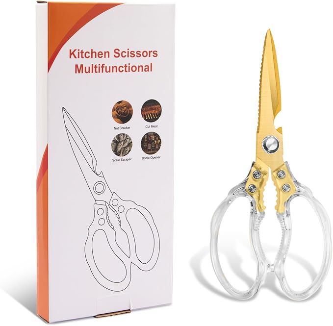 CGBE Kitchen Scissors, Multi-Purpose Kitchen Shears, Heavy Duty Food Scissors for Chicken, Poultry, Fish, Meat & Herbs with Non-Slip Grips - Transparent Gold