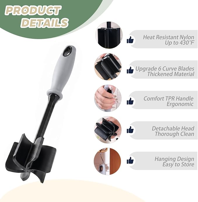 Meat Chopper, 6 Curve Blades Meat Masher for Ground Beef & Meat, Heat Resistant Nylon Hamburger Smasher Tool, Burger Grinder Potato Masher for Vegetables, Sauces, Mixing & Mashing