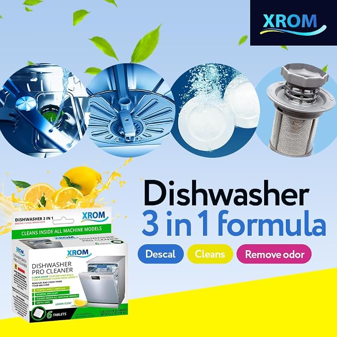 XROM Dishwasher Cleaner Tablets, Plant Based, Deep Clean And Descale, Removes Odors, Removes Hard Water Stains, Powerful Descaling, 6 Treatments (Lemon Scent)