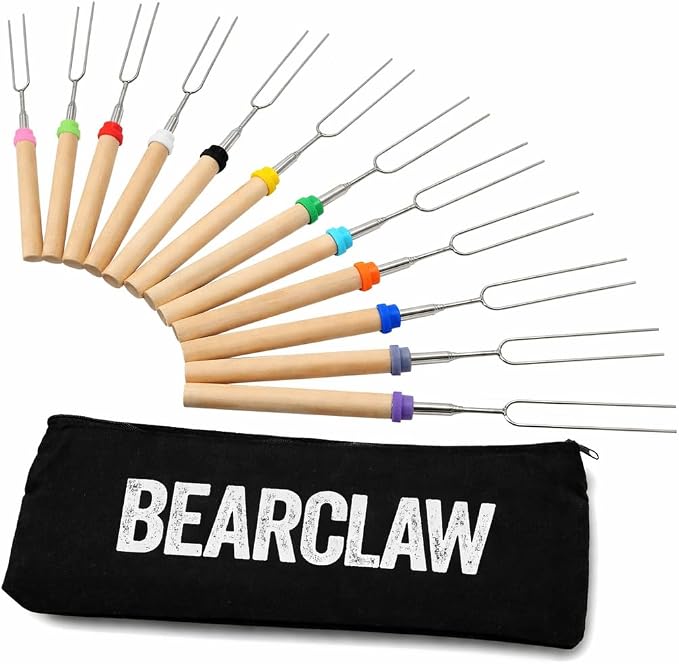 BEARCLAW Smores Sticks for Fire Pit - Accessories for Campfire Marshmallow Roasting Sticks Smores Kit Outdoor-Smore Skewers Hot Dog Fork For Outside, Camping Essentials Bonfire Gear Long 32" 12 Pack