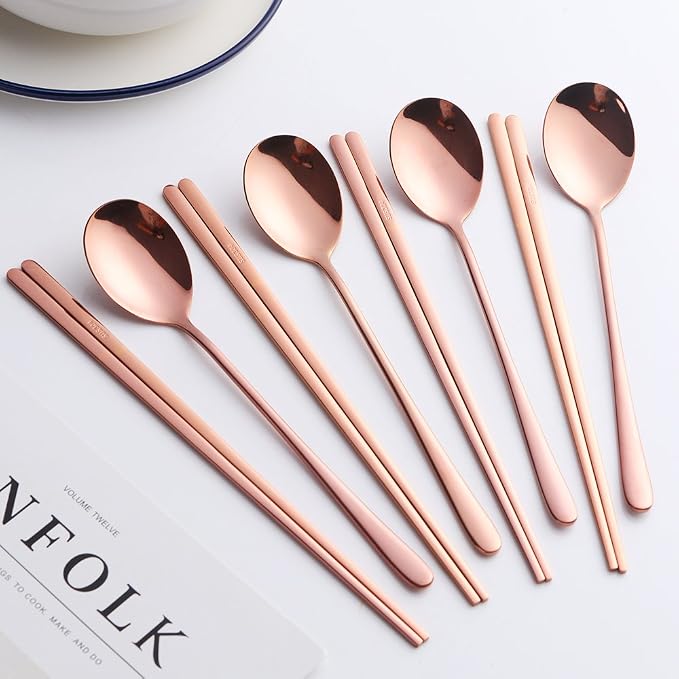 Buyer Star 4 Set Spoon Chopsticks, Rose Gold Reusable Metal Stainless Steel Korean Chopstix Spoon Set
