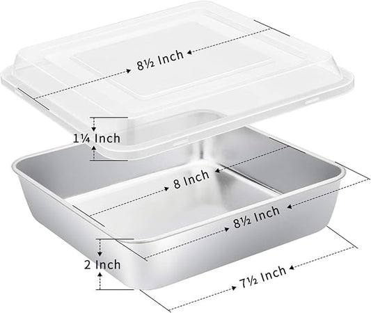 E-far 8 x 8-Inch Baking Pan with lid, Square Cake Brownie Baking Pans Stainless Steel Bakeware Set of 2, Non-toxic & Healthy, Easy Clean & Dishwasher Safe - 4 Pieces(2 Pans + 2 Lids)