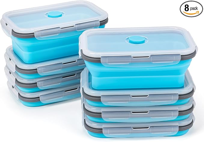 Collapsible Silicone Food Storage Containers Set with Lid & Air Vent,Foldable Lunch Containers (8PCS,Blue,27oz)