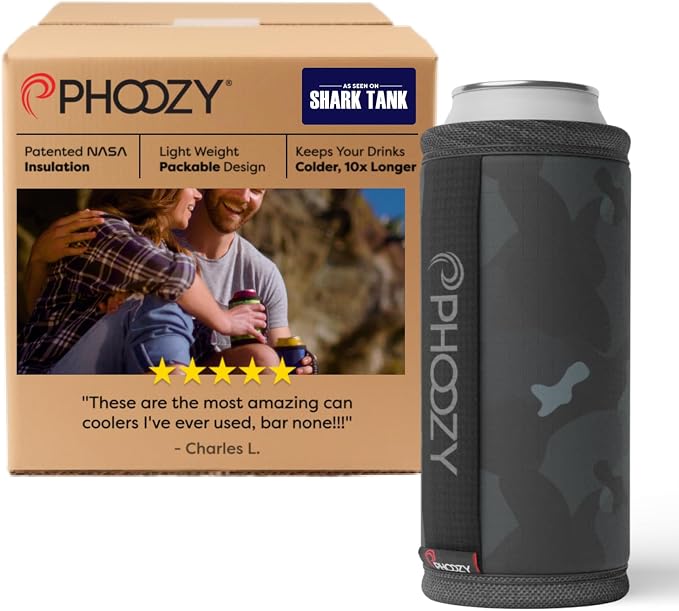 PHOOZY Insulated Can Cooler for Slim 12 oz Cans - Patented Drink Sleeve with NASA-Inspired Technology - Keeps Beer, Soda & Sparkling Water Cold Longer - Lightweight Outdoor Can Holder - Black Camo