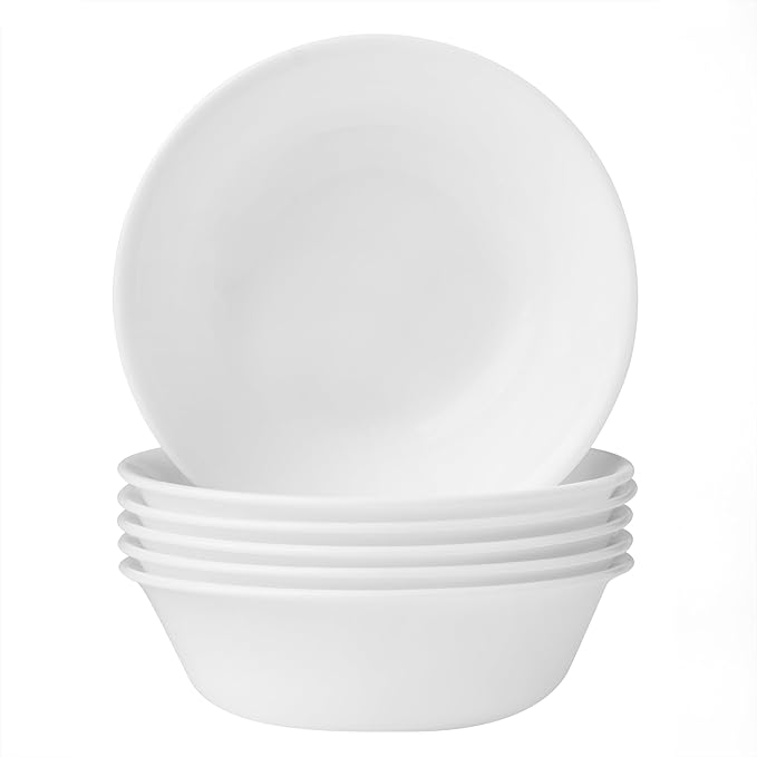 Corelle Vitrelle 6-Piece Soup/Cereal Bowl Set Triple Layer Glass and Chip Resistant, 18-Oz Lightweight Round Bowls, Winter Frost White