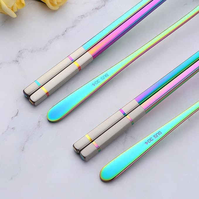 Buyer Star Stainless Steel Korean Chopsticks Spoons and Fork Set, 2 Pack Reusable Forks and Spoons Silverware Korean Utensil Set, Portable Utensils Dinnerware for Home (Rainbow)