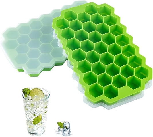 2 PCS Premium Ice Cube Trays, AUSSUA Silicone Ice Cube Molds with Sealing Lid, 74-Ice Trays, Reusable, Safe Hexagonal Ice Cube Molds, for Chilled Drinks, Whiskey, Cocktail, Food