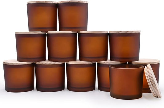 SHOWIN 12 OZ Thick Candle Jars for Making Candles 12 Pcs, Empty Amber Jars with Wood Lids for Spice Jars, Sample Container, Frosted Brown