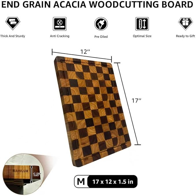 Acacia Wood Cutting Boards for Kitchen, Checkered Chopping Board with Juice Grooves & Handles, Large Butcher Block Serving Tray with Non‑Slip Feet, 17" × 12" × 1.5"