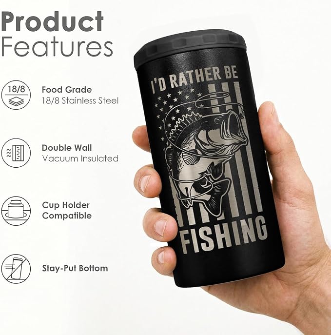 I'd Rather Be Fishing American Flag Can Cooler 12oz - Travel Mug Cup - Stainless Steel Insulated for Men Fishermen - Tumbler Cans Koozie, Gift for Dad Brother Christmas, Birthday, Father's Day
