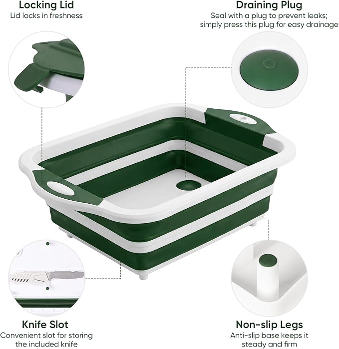 Collapsible BBQ Prep Tub with Lid, Foldable Camping Sink with Colander, Cutting Board, Dish Basin for Kitchen, Bowl, Vegetable and Fruit, Storage Basket for Picnic-Green