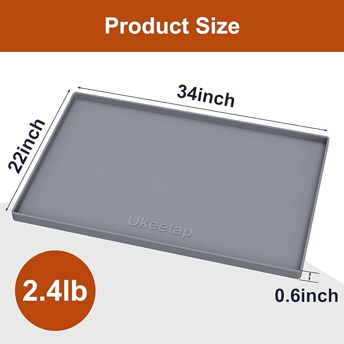 ukeetap 34" x 22" Extra Thick Silicone Mat Waterproof with Raised Edge, Under Sink Mat for Kitchen & Bathroom, Kitchen Cabinet Liner, Multi-Purpose for Storage & Protection, Gray